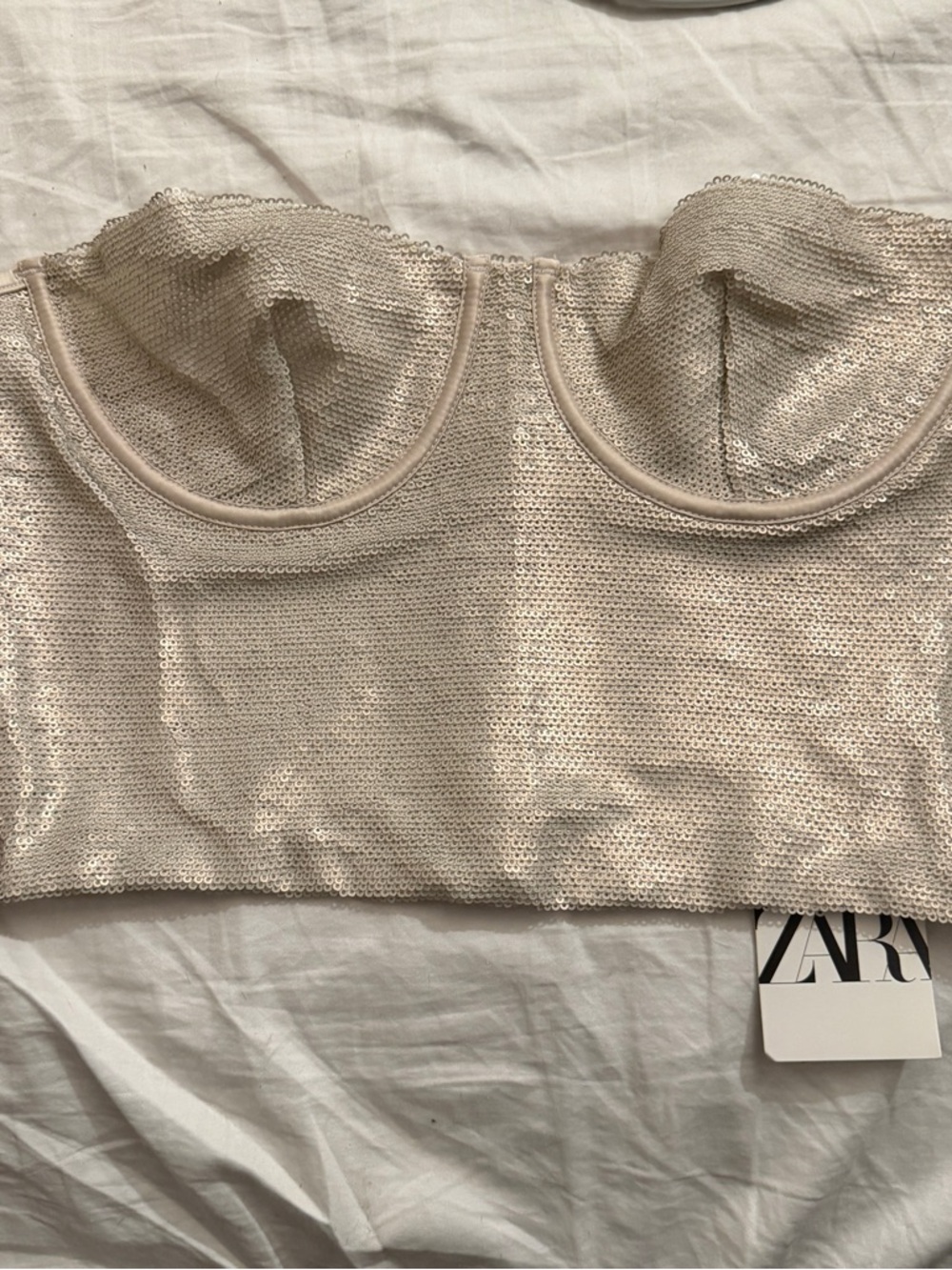 ZARA Cream Sequin Strapless Bustier Camisole